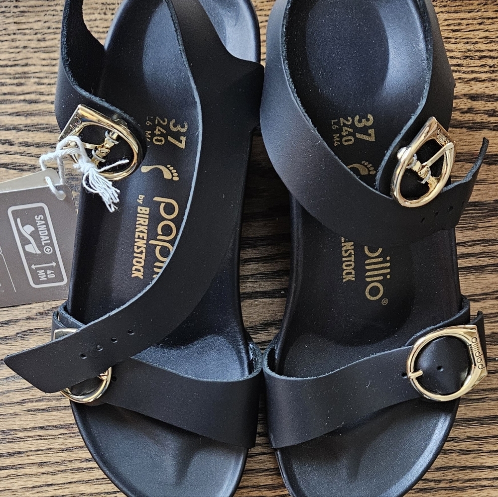 Birkenstock Papillio Black Sandals (Wedges) with Gold Accents Size 37